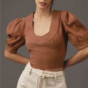 ANTHROPOLOGIE Scoop Neck Puff Sleeve Cropped Blouse, Linen Blend, Women's Medium